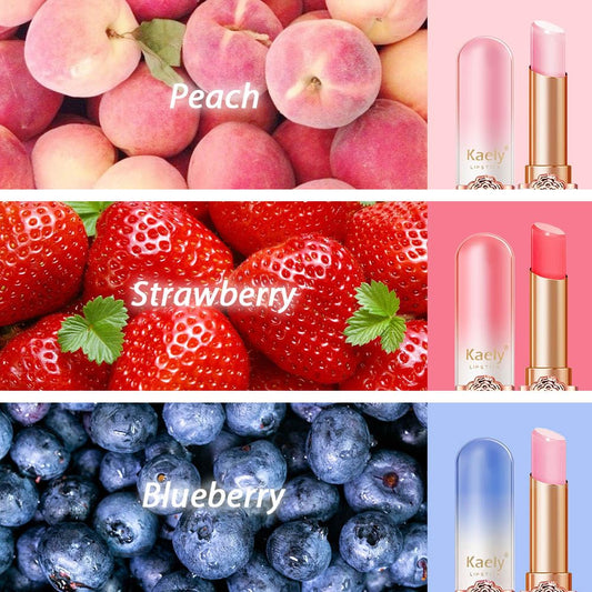 Kaely 3Pcs Peach Strawberry Blueberry Hydrating Lipstick Tinted Lip Balm, Color Changing PH Lipstick Makeup, Korean Magic Lip Stain Long Lasting Waterproof, labiales magicos 24 horas originales