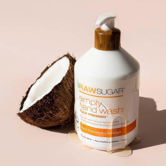 RAW SUGAR Raw Coconut + Mango Hand Soap, Body Scrub & Body Butter Bundle, Body Care for Dry Skin, Exfoliate and Moisturize, Hand Wash + Body Care - Mango, Formulated without Sulates and Parabens