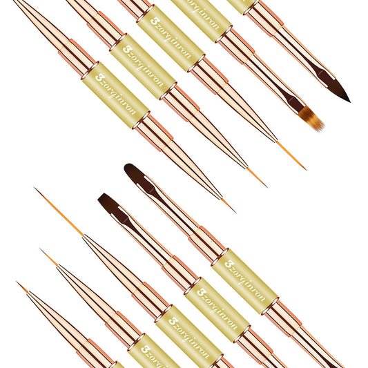 Nail Art Brushes for Nail Art, Professional 5Pcs Double-Ended Acrylic Nail Brush Set for Details, Long Lines, Ombre & 3D Design-Perfect for DIY Manicures & Salons (Gold)