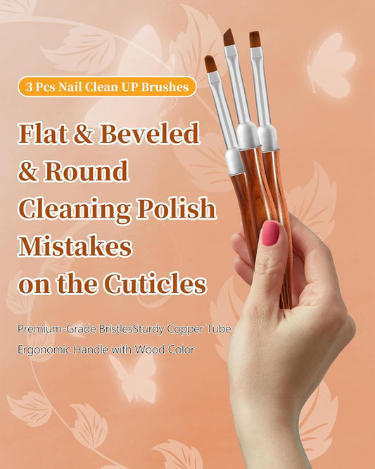 3PCS Nail Art Clean Up Brushes, Round/Angled/flat Acetone Resistant Gel Nail Polish Remover Brush, Nail Brushes for Tidying Up Polish Mishaps on Cuticles, and Nail Art Designs(Wood color)