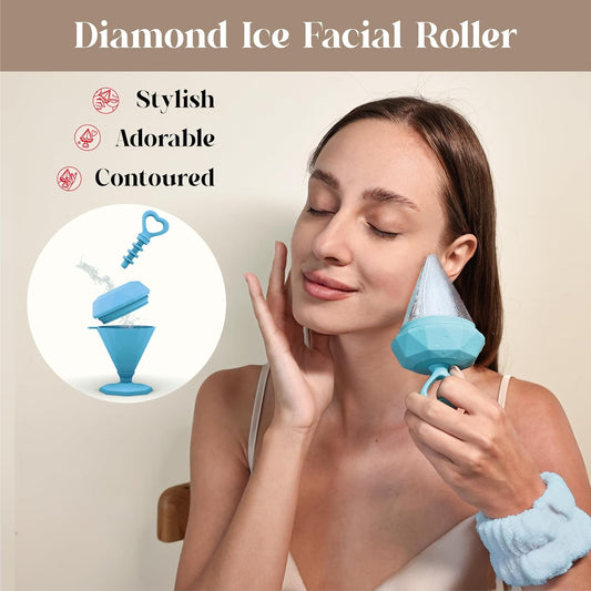 Rena Chris Ice Roller for Face: Diamond Ice Facial Roller, Reach Detailed Areas, De-Puff Eye Bags, Reusable Silicone Massage Ice Mold with Face Wash Wristband, Skin Care Tools for Women(Blue)