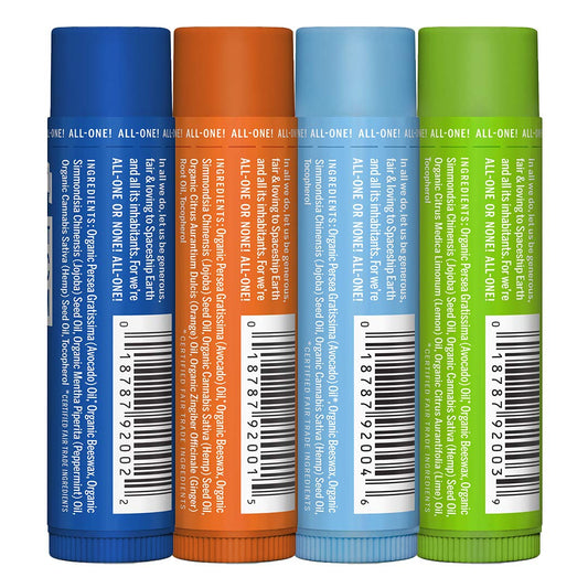 Dr. Bronner's - Organic Lip Balm Variety Peppermint, Orange Ginger, Naked, Lemon Lime) - Made with Organic Beeswax and Avocado Oil, For Dry Lips, Hands, Chin or Cheeks, 0.15 Ounce (Pack of 4)