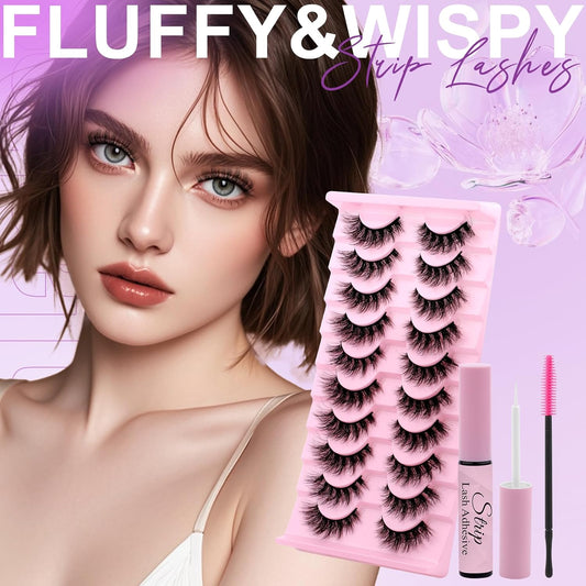 Strip Lash with Glue for DIY Lash-users: 10 Pairs, DIY, Natural Look, Fluffy, Manga, Wispy, Waterproof, Anime, Cat Eye, D Curl, XH42-08