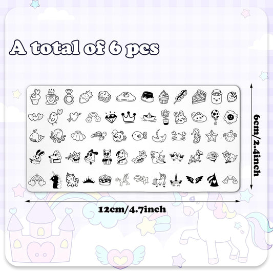 Whaline 6Pcs Kids Nail Plates Stamping Set Cute Animal Floral Dessert Stamp Templates Nail Art Plates for DIY Print Manicure Salon Design