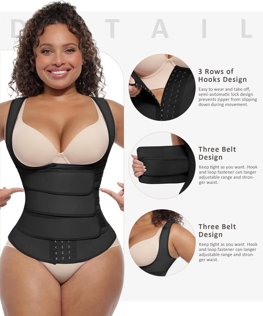 FeelinGirl Waist Trainer for Women Latex Waist Trainers Vest Plus Size Waist Cincher Corset 3 Belts Hooks Steel Bones