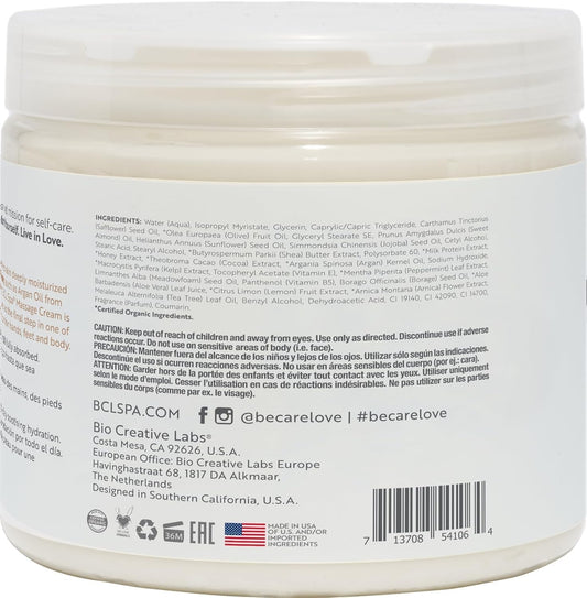 BCL SPA Massage Cream Organic Milk & Honey with White Chocolate Body Lotion, Shea Butter, Aloe Vera, Arnica, Peppermint, Kelp, Tea Tree, Olive, Argan, and Jojoba Oils, Home/Professional Use, 16 fl oz