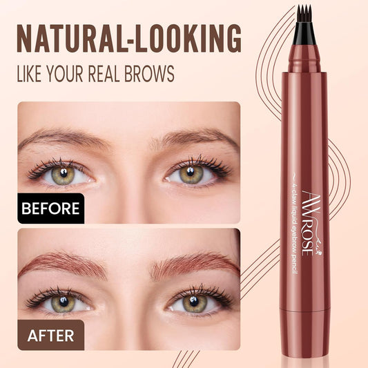 AWROSE Eyebrow Pencil, 3D Waterproof Microblading Eyebrow Pen 4 Fork Tip Tattoo Pencil, Precise Natural Brow Magic Eye Brow Pencil with Hair Like Strokes, 4 Points Multi-Used Eye Brow Pen for Women