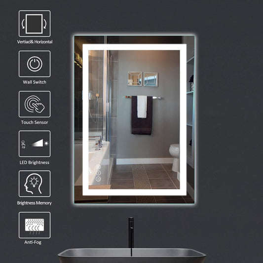 Amorho LED Bathroom Mirror 28"x 36" with Front and Backlight, Stepless Dimmable Wall Mirrors with Anti-Fog, Shatter-Proof, Memory, 3 Colors, Double LED Vanity Mirror (Horizontal/Vertical)