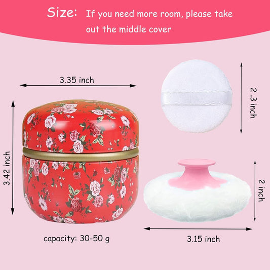 Body Powder Puff and Container for Dusting Powder, Women Powder Puff and Powder Case for Bath and Travel (Red Rose)