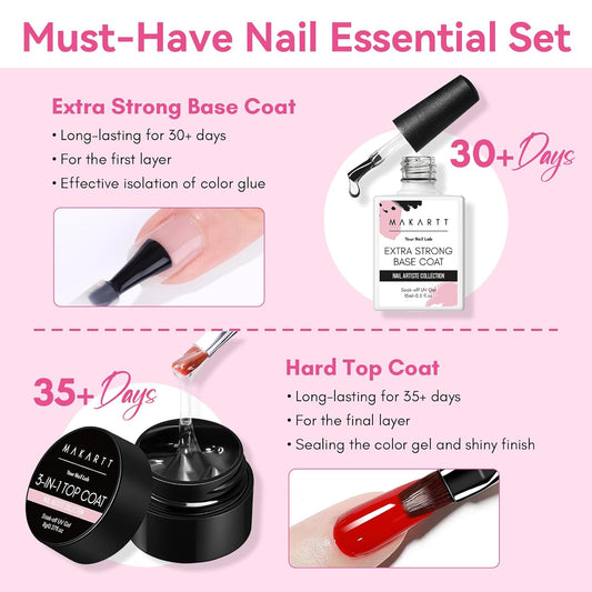 Makartt Gel Top and Base Coat Set: 2-Piece Gel Polish Kit with Nail Art Brush, 15ml Strong Base Gel and 8ml Glossy Hard Top Coat, Long-Lasting Formula for Salon Use, Requires UV/LED Lamp