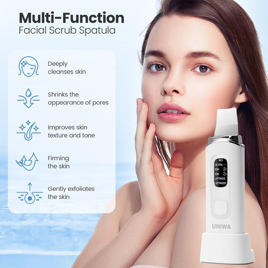 UNIWA Skin Scrubber Face Spatula, Skin Scrubber Pore Cleaner Blackhead Remover Tool for Deep Facial Cleansing - 4 Modes, Face Spatula with USB Charger, LCD Display, IPX7 Waterproof - White