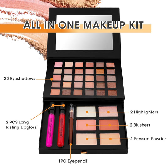 All in One Makeup Kit,Makeup Palette Includes 30 Color Eyeshadow, 2 Color Highlighter,2 Color Pressed Powder,2 Color Blusher,2 Pcs lip gloss,1 Pcs Eyepencil, Mirror,Makeup Gift Set for Women (017N)