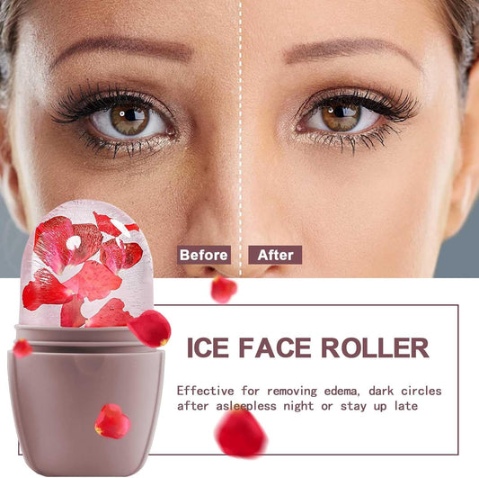 KOGITI Face Ice Roller & Mold - Beauty Facial Massage Tool for Puffiness Relief, Ice Cube Holder (Brush-Brown)