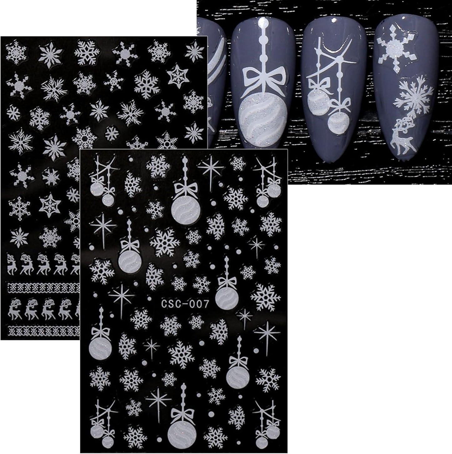 JMEOWIO 8 Sheets Christmas Glitter Nail Art Stickers Decals Self-Adhesive Cute Snowflake Winter Holiday White Nail Supplies Nail Art Design Decoration Accessories