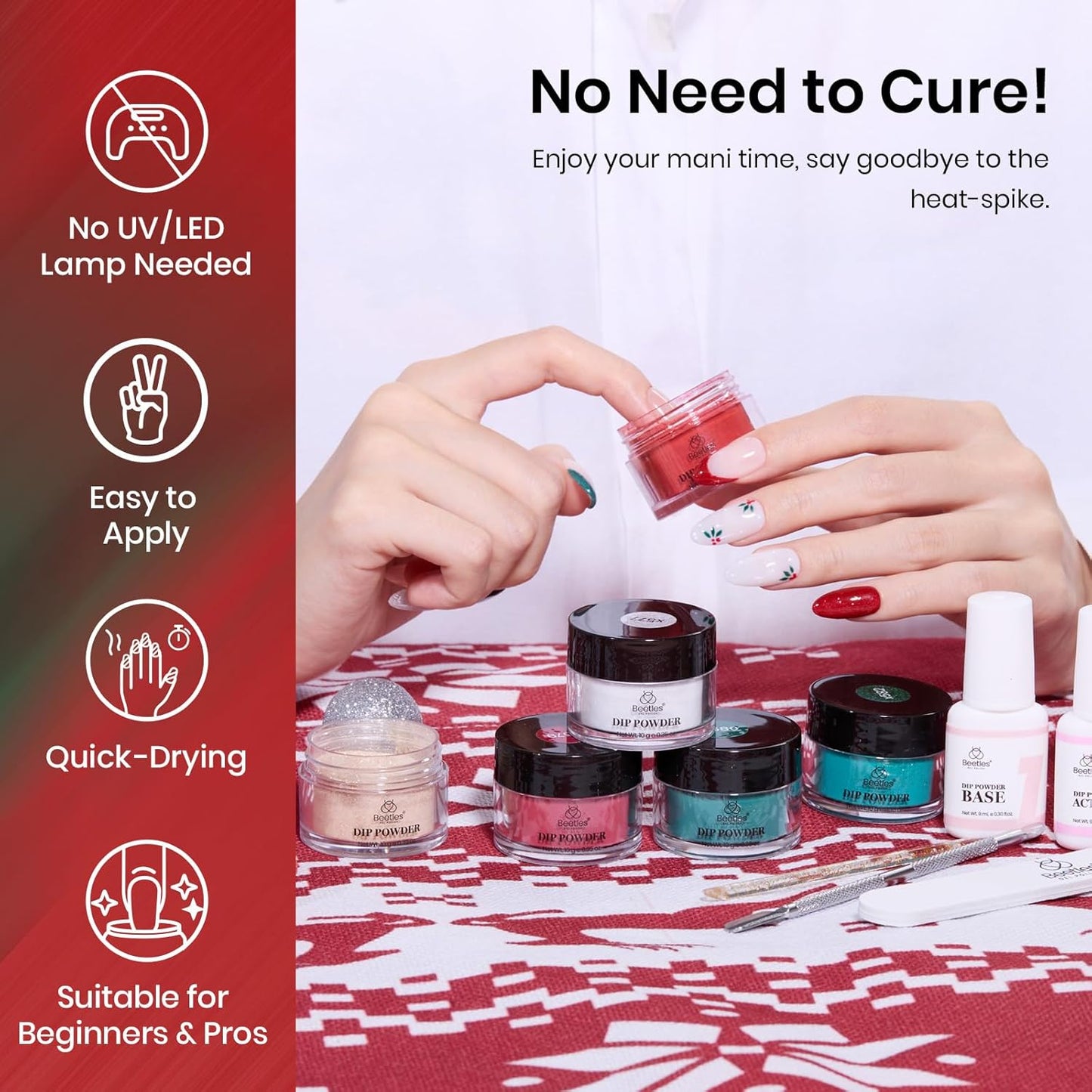 Beetles Christmas Dip Powder Nail Set 6 Colors Red Green Glitter Silver Gold Dipping Powder Starter Kit Manicure DIY Salon for Women No Nail Lamp Needed Glossy Xmas Party