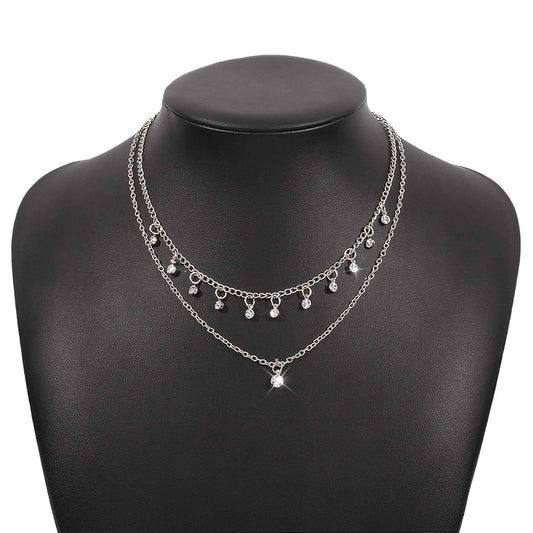 Boho Layered Silver Choker Necklace Crystal Pendant Necklace Rhinestone Tassel Choker Necklace Sparkly CZ Dangle Necklace Chain Jewelry for Women and Girls (Silver)