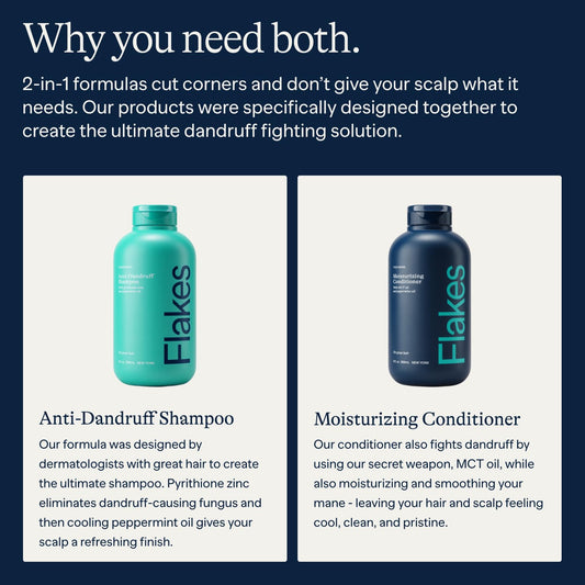 Flakes Anti Dandruff Shampoo and Conditioner Set for Men with Scalp Massager | Dry, Flaky, & Itchy Scalp Shampoo | Sulfate and Paraben Free | Hydrating Shampoo & Moisturizing Conditioner | 9 fl oz