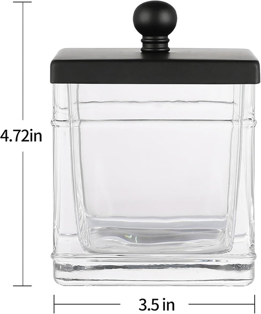 Glass Cotton Jar Holder 2 Pack– Matte Black Lid, Elegant Bathroom Storage Canister for Qtips, Cotton Balls, Floss, Makeup Organizer, Vanity & Bathroom Organization