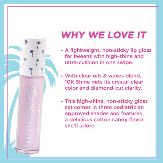 Petite 'N Pretty 10k Shine Lip Gloss Trio Set - Makeup for Kids, Tweens, Teens - High Shine, Lightweight, Made in the USA (Shell Shocked, Diamond Heist, Glow Down)