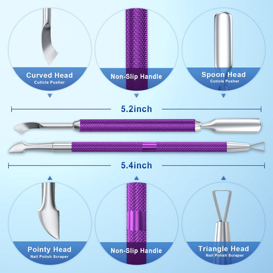 2PCS Metal Deep Purple Cuticle Pusher and Cutter Remover Salon Quality Stainless Steel Gel Nail Polish Peeler Scraper Durable Manicure and Pedicure Cleaner Tool For Fingernail and Toenail