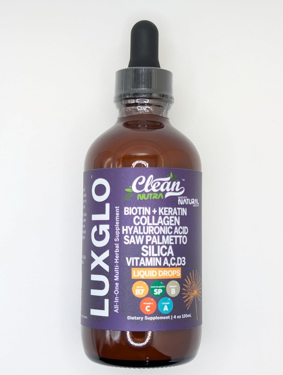 Biotin Liquid Drops Collagen Keratin Hyaluronic Acid Saw Palmetto for Hair Skin and Nails Silica Vitamin A C Vitamin D Bamboo Turmeric Zinc Folate Magnesium Horsetail LuxGlo by Clean Nutra - 2Pack