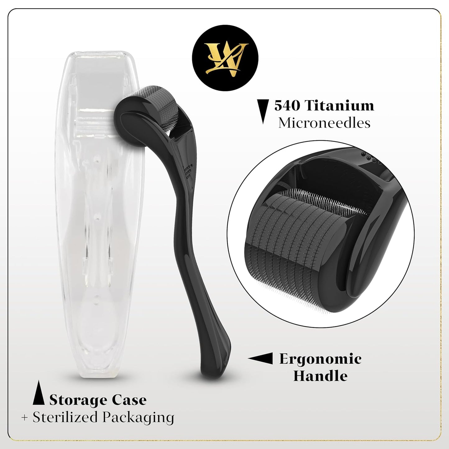 Derma Roller for Skin, Hair & Beard – Women and Men Titanium Microneedling Roller for Face & Scalp, Safe & Easy to Use - Jet Black