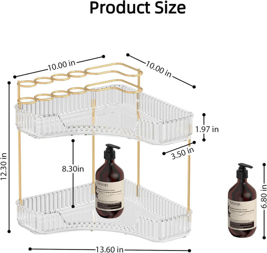 Makeup Organizer Countertop 2 Tier, Corner Bathroom Countertop Organizer with Toothbrush and Makeup Brush Holder, Corner Vanity Tray for Skincare Organization