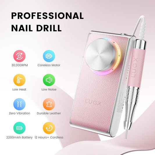 L'UGX Professional Nail Drill 30000RPM, Cordless Rechargeable Electric Nail File for Acrylic Nails Gel Polishing, Efile Nail Kit for Manicure Pedicure, Low Noise Low Vibration, 7Pcs Drill Bits, Pink