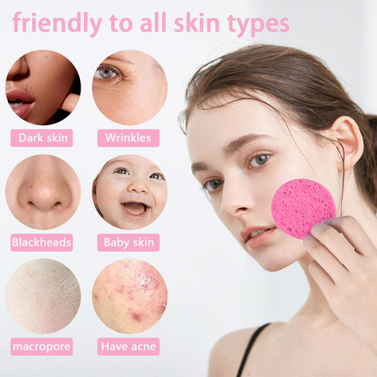 50-Count Facial Sponges, Compressed Natural Cellulose, Pink, Round Shape, Face Cleansing, Exfoliating, Makeup Removal