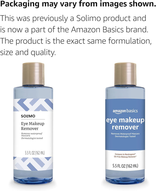 Amazon Brand - Solimo Eye Makeup Remover, Removes Waterproof Mascara, Dermatologist Tested, 5.5 Fluid Ounce