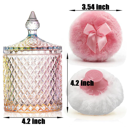 Luxury 4.2 Inch Glass Powder Container with 2 Plush Puffs|Non-Sealed Refillable Organizer for Body Powder&Makeup|Setting Powder Applicator w/Loose Powder Storage(Pointed Cylinder-Colorful-Large)