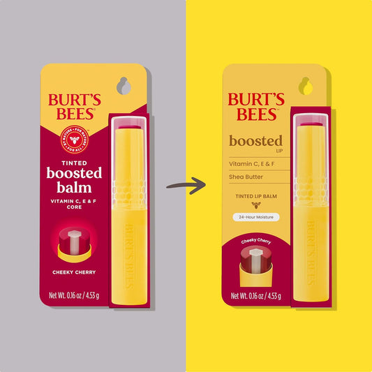 Burt’s Bees Tinted Boosted Balm, Cheeky Cherry, Hydrating Tinted Lip Balm with Vitamin C, E, and F Core, 24 Hour Lip Moisturizer with Responsibly Sourced Beeswax, 100% Natural Origin, 1 Count, 0.16oz