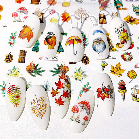Fall Nail Stickers Autumn Maple Leaf Nail Art Decals Thanksgiving Day Water Decal Transfer Slider Set Turkey Pumpkin Nail Art Foil Stickers Nail Supplies Accessories Decoration Manicure Tips 12 Design