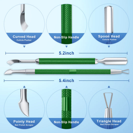 2PCS Metal Dark Green Cuticle Pusher and Cutter Remover Salon Quality Stainless Steel Gel Nail Polish Peeler Scraper Durable Manicure and Pedicure Cleaner Tool For Fingernail and Toenail