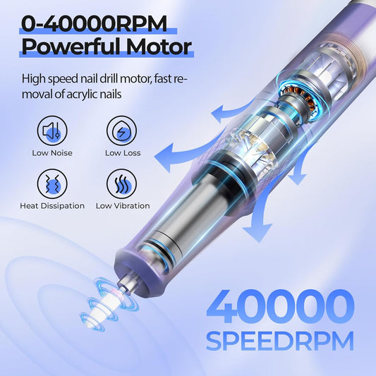 Electric Nail Drill Professional: Shiny 40000RPM Electric Nail File Kit E File Nail Drill Machine with LCD Display for Acrylic Gel, Manicure Pedicure Polishing Grinder for Salon Home, Diamond