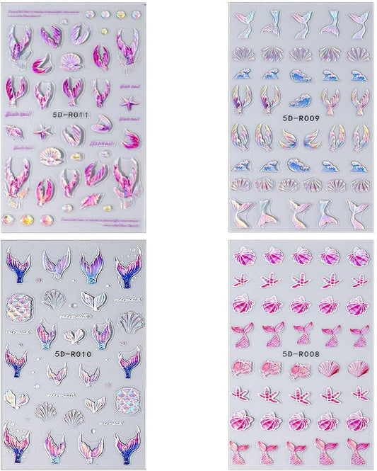 5D Dreamy Mermaid Tail Nail Stickers Summer Nail Decals 5D Embossed Laser Mermaid Nail Art Stickers Sea Wave Fishtail Shellfish Starfish Nail Design Stickers Self Adhsive Ocean Stickers for Nails DIY