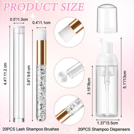 Zhehao 80 Pcs Lash Shampoo Bottle Brushes Kit 20 Foam Pump Dispensers 20 Lash Shampoo Brushes 20 Eyelash Aftercare Bag 20 Cleaning Pipes, Eyelash Extension Supplies(White, Sliver)