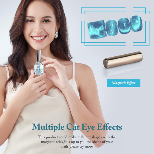 Cat Eye Gel Nail Polish with Magnet Stick, 15ml Glitter Holographic Nail Polish, Magnetic Effect Gel for Home DIY Manicure Gift, Blue Tears