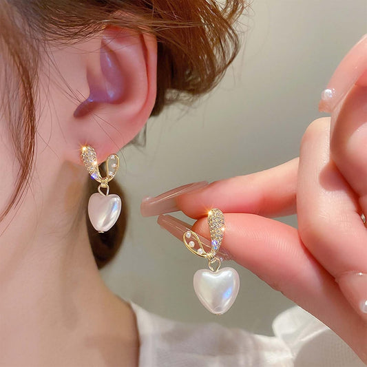 Vintage Crystal Pearl Heart Dangle Earrings Rhinestone Pearl Drop Earrings Gold Cz Pearl Stud Earrings Heart Love Earrings Jewelry for Women