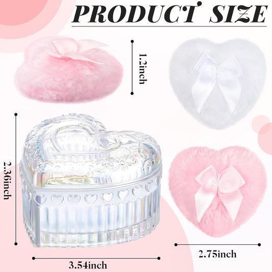 Tioncy 3 Pcs Large Body Powder Puff and Powder Container with Puff Crystal Container Soft Washable Reusable Velour Face Body Glitter Wet Dry Makeup Heart(Dazzling)