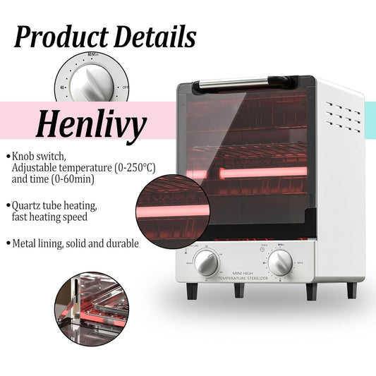 High Temperature Sterilizer, Large Capacity Dry Heat Stainless Steel Sterilizer with Temp and Timer Control, Max timing 60min, Max temperature 250โ (482โ), With Stainless Trays, 110V power