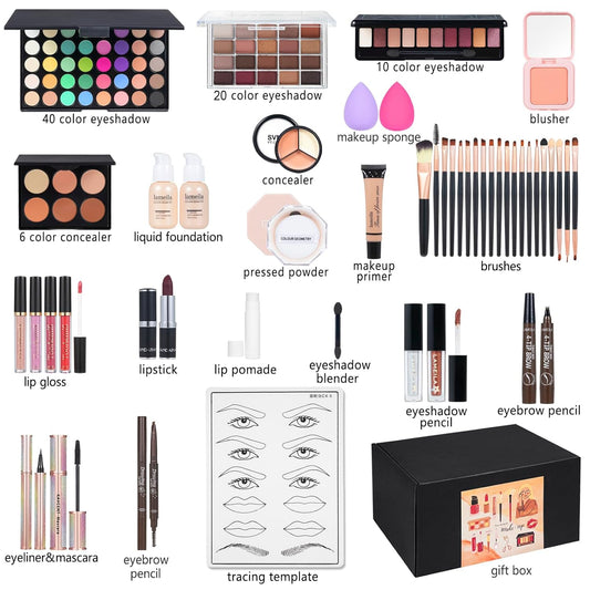 All in One Makeup Kit Makeup Kit for Women Full Kit Multipurpose Makeup ,eyeshadow、 liquid foundation,Loose powder,Eyebrow pencil,4-color lip gloss set