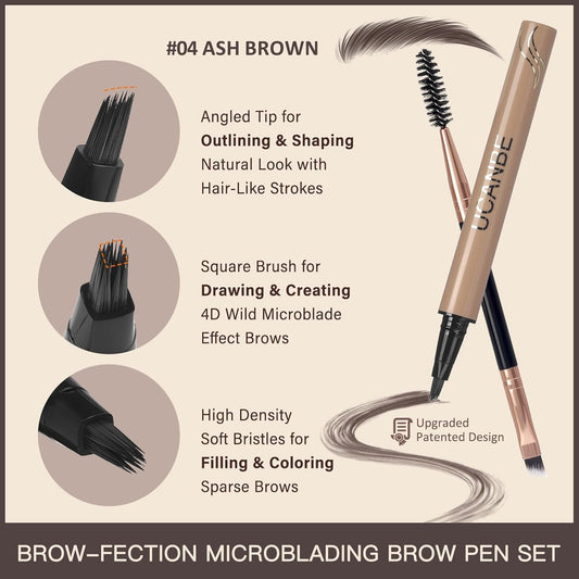 UCANBE Brow-Fection Angled Brush Eyebrow Pen, Liquid Microblading Eyebrow Pencils for Women, Wild Natural Brow Pen for Realistic Hair-Like Brows, Easy to Color, Waterproof, Lasts All Day, Ash Brown