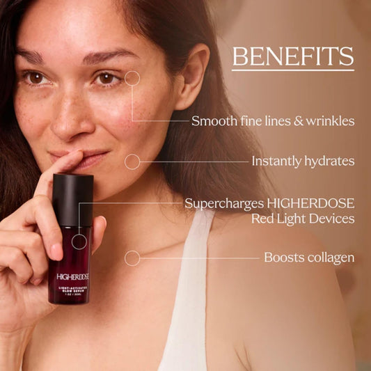 HigherDOSE Light-Activated GLOW SERUM - Anti Aging Face Serum to Plump, Hydrate & Smooth Fine Lines - Made with Vitamin C, Copper Peptides & Hyaluronic Acid - Boosts Benefits of Red Light (1 oz)