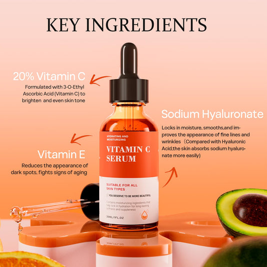 Vitamin C Serum For Face-Anti Aging & Wrinkle Facial Serum With Vitamin C,Sodium Hyaluronate,Vitamin E And More,Skin Brightening Serum For Dark Spots,Fine Lines & Dull Skin,1 Fl Oz