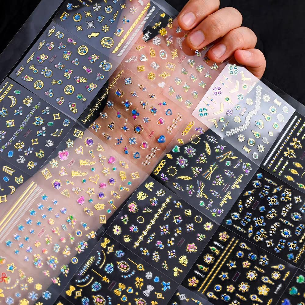 30 Sheets Gem Star Nail Stickers 3D Self Adhesive Luxury Blue Gems Theme Nail Art Charms Sticker Decals for Crafts Supplies Accessories (ST-BG)