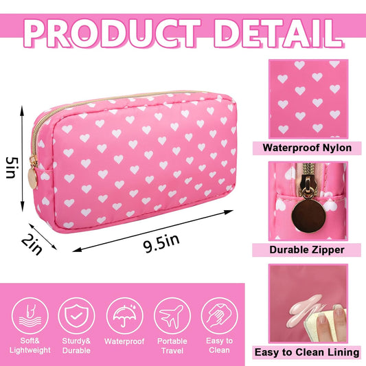 Small Makeup Pouch for Purse,Nylon Travel Toiletry Storage Cute Preppy Cosmetic Bag for Women Girls,Waterproof Makeup Organizer Pouch Skincare Purse with Zipper (Small-Pink Heart)