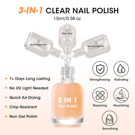 GELLEN Clear Nail Polish Ridge Filling Base Coat, Nail Strengthener and Growth, Ridge Filler For Nails, Hydrate Strengthen Nourish Damaged Dry Natural Nails, Shea Butter & Vitamin E & Protein Formula