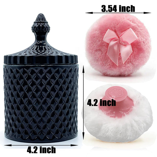 Luxury 4.2 Inch Glass Powder Container with 2 Plush Puffs|Gothic Vanity Decor Non-Sealed Refillable Organizer for Body Powder&Makeup|Setting Powder Applicator(Pointed Cylinder-Black-Large)