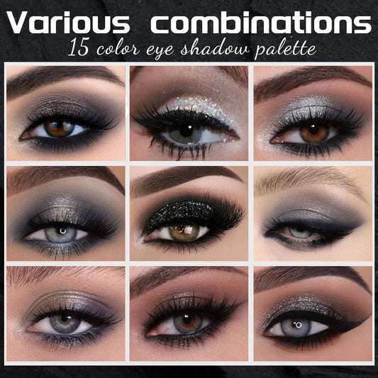 15 Colors Black Gray Silver Matte Shimmer Eyeshadow Palette for Eye Makeup,High Pigmented Brown White Eye Shadow Primers Powder Palet de sombras de ojos